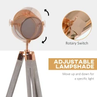 HOMCOM Vintage Tripod Floor Lamp, Height Adjustable Nautical Spotlight with Wood Legs, E12 Lamp Base for Living Room, Bedroom, Grey and Rose Gold(m-6)