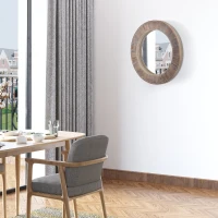 HOMCOM 31" Farmhouse Wood Wall Mirror, Decorative Round Mirror for Wall Decor in Living Room, Bedroom, Rustic Brown(m-2)