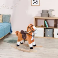 Qaba Kids Plush Toy Rocking Horse, Wooden Ride-on Chair, Plush Animal Rocker with Realistic Sounds and Moving Tail for Toddlers, Brown(m-8)