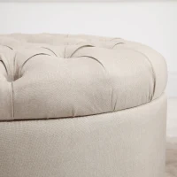HOMCOM Round Linen-touch Fabric Storage Footstool Ottoman Button Tufted Footrest with Removable Lid, Beige(m-13)