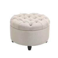 HOMCOM Round Linen-touch Fabric Storage Footstool Ottoman Button Tufted Footrest with Removable Lid, Beige(m-11)