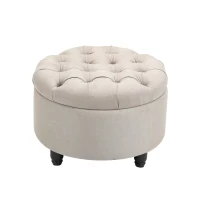 HOMCOM Round Linen-touch Fabric Storage Footstool Ottoman Button Tufted Footrest with Removable Lid, Beige(m-1)