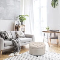 HOMCOM Round Linen-touch Fabric Storage Footstool Ottoman Button Tufted Footrest with Removable Lid, Beige(m-2)