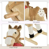 Qaba Kids Plush Rocking Horse - Beige Cowboy Rocker with Realistic Sounds, Fun & Safe Ride-on Toy for Toddlers(m-7)