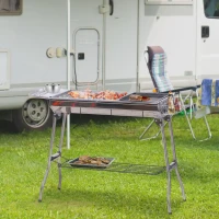 Outsunny 41" Foldable Charcoal Grill Camp BBQ Picnic Cooker Stainless Steel Barbecue Smoker Seasoning Plate Outdoor Backyard Cooking with Storage Shelf(m-10)