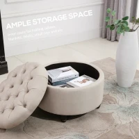 HOMCOM Round Linen-touch Fabric Storage Footstool Ottoman Button Tufted Footrest with Removable Lid, Beige(m-5)