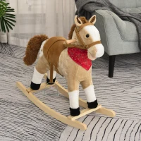 Qaba Kids Plush Rocking Horse - Beige Cowboy Rocker with Realistic Sounds, Fun & Safe Ride-on Toy for Toddlers(m-1)