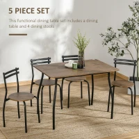 HOMCOM Industrial Dining Table Set for 4, Kitchen Table with 4 Chairs Steel Frame for Small Space, Dark Walnut(m-4)