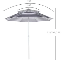 Outsunny Arc. 8ft Beach Umbrella Double-top Canopy Adjustable Height with Carry Bag for Beach Patio Garden Outdoor Blue Stripe(m-3)