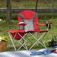 Outsunny Folding Camping Chair with Portable Insulation Table Bag, Two Cup Holders for Beach, Ice Fishing and Picnic, Red(m-2)