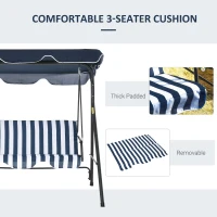 Outsunny 3-Seat Outdoor Patio Swing Chair with Removable Cushion, Steel Frame Stand and Adjustable Tilt Canopy for Patio, Garden, Poolside, Balcony, Backyard, Dark Blue and White(m-6)