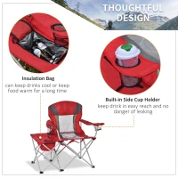 Outsunny Folding Camping Chair with Portable Insulation Table Bag, Two Cup Holders for Beach, Ice Fishing and Picnic, Red(m-6)