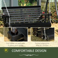 Outsunny Wooden Porch Swing with Cup Holder Armrests, Hanging Patio Bench, Cozy Outdoor Seating, Black(m-4)