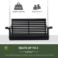 Outsunny Wooden Porch Swing with Cup Holder Armrests, Hanging Patio Bench, Cozy Outdoor Seating, Black(m-3)