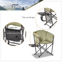 Outsunny Folding Camping Chair, Padded Director Chair with Side Table and Cup Holder, Portable for Picnic, Beach, Hiking, Travel, Green(m-6)