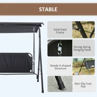 Outsunny 3-Person Porch Swing with Stand, Outdoor Swing for Patio Porch with Adjustable Tilt Canopy and Comfortable Swing Bench-Style Seat, Steel Frame, Black(m-5)