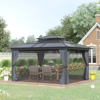 Outsunny 10' x 12' Aluminum Patio Gazebo with Mesh Curtains - 2 Tier Roof Outdoor Canopy for Garden, Black(m-1)