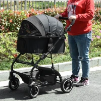 PawHut 4 Wheels Pet Stroller with Detachable Carrier, Foldable Cat Dog Travel Carriage, 2-In-1 Design Carrying Bag with Universal Wheel Brake Canopy Basket Black(m-1)