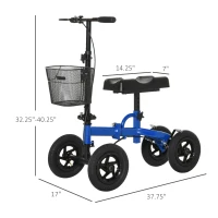 HOMCOM All Terrain Knee Walker Scooter Foldable Metal Steerable Walker with Metal Storage Basket Knee Scooter Crutches Alternative, Blue/Black(m-3)