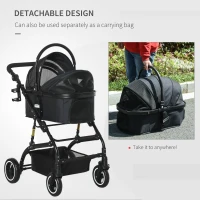 PawHut 4 Wheels Pet Stroller with Detachable Carrier, Foldable Cat Dog Travel Carriage, 2-In-1 Design Carrying Bag with Universal Wheel Brake Canopy Basket Black(m-5)