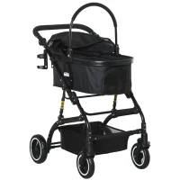 PawHut 4 Wheels Pet Stroller with Detachable Carrier, Foldable Cat Dog Travel Carriage, 2-In-1 Design Carrying Bag with Universal Wheel Brake Canopy Basket Black(m-8)