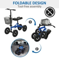 HOMCOM All Terrain Knee Walker Scooter Foldable Metal Steerable Walker with Metal Storage Basket Knee Scooter Crutches Alternative, Blue/Black(m-4)
