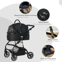 PawHut 4 Wheels Pet Stroller with Detachable Carrier, Foldable Cat Dog Travel Carriage, 2-In-1 Design Carrying Bag with Universal Wheel Brake Canopy Basket Black(m-7)