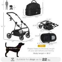 PawHut 4 Wheels Pet Stroller with Detachable Carrier, Foldable Cat Dog Travel Carriage, 2-In-1 Design Carrying Bag with Universal Wheel Brake Canopy Basket Black(m-3)
