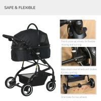 PawHut 4 Wheels Pet Stroller with Detachable Carrier, Foldable Cat Dog Travel Carriage, 2-In-1 Design Carrying Bag with Universal Wheel Brake Canopy Basket Black(m-6)
