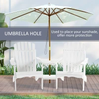 Outsunny 2 piece Pair Adirondack Chair Outdoor Patio Porch Tete-A-Tete Bench w/ Middle Table Reclined Wooden Umbrella Hole White(m-4)