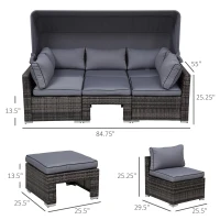 Outsunny Outdoor Daybed with Canopy, 4 Piece Sectional Patio Furniture Set, Cushions, Coffee Table Ottoman, PE Wicker Conversation Sofa Set and Convertible Sunbed, Gray(m-3)