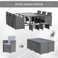 Outsunny 11 PCS Patio Dining Set Outdoor Rattan Wicker Furniture Set with Space Saving Chairs, Glass Top Table and Cushion, Mixed Grey(m-4)