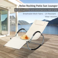 Outsunny Outdoor Rocking Chair, Chaise Lounge Pool Chair for Sun Tanning, Sunbathing Rocker, Armrests & Pillow for Patio, Lawn, Beach, Large, Beige(m-4)