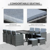 Outsunny 11 PCS Patio Dining Set Outdoor Rattan Wicker Furniture Set with Space Saving Chairs, Glass Top Table and Cushion, Mixed Grey(m-5)