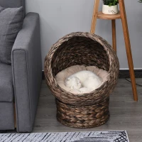 PawHut Handwoven Elevated Cat Bed with Rotating Basket and Soft Cushion, Wicker Cat Egg Chair with Stand, Brown(m-7)
