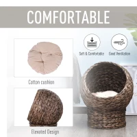 PawHut Handwoven Elevated Cat Bed with Rotating Basket and Soft Cushion, Wicker Cat Egg Chair with Stand, Brown(m-5)