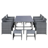 Outsunny 11 PCS Patio Dining Set Outdoor Rattan Wicker Furniture Set with Space Saving Chairs, Glass Top Table and Cushion, Mixed Grey(m-8)