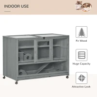 PawHut Wooden 3-Tier Hamster Cage Hutch Box with Ladder Wheels for Small Animals, Dark Gray(m-4)