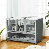 PawHut Wooden 3-Tier Hamster Cage Hutch Box with Ladder Wheels for Small Animals, Dark Gray(m-8)