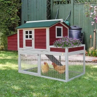PawHut 63" Wooden Chicken Coop Hen House Poultry Cage for Outdoor Backyard with Raised Garden Bed, Run Area, Nesting Box and Removable Tray, Red(m-9)