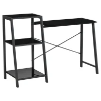 HOMCOM Computer Desk with Storage, Study Table with 3-Tier Shelves, Tempered Glass Top, Metal Frame, Home Office Workstation for Small Space, Black(m-2)