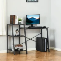 HOMCOM Computer Desk with Storage, Study Table with 3-Tier Shelves, Tempered Glass Top, Metal Frame, Home Office Workstation for Small Space, Black(m-1)
