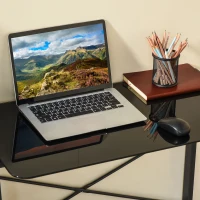 HOMCOM Computer Desk with Storage, Study Table with 3-Tier Shelves, Tempered Glass Top, Metal Frame, Home Office Workstation for Small Space, Black(m-8)