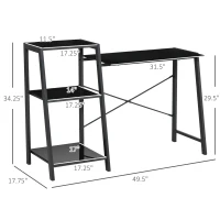 HOMCOM Computer Desk with Storage, Study Table with 3-Tier Shelves, Tempered Glass Top, Metal Frame, Home Office Workstation for Small Space, Black(m-3)