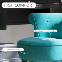 HOMCOM Upholstered Linen Vanity Stool with Curved Thick Padded Backrest, Rubberwood Legs, and Footpads, Blue(m-5)