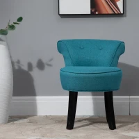 HOMCOM Upholstered Linen Vanity Stool with Curved Thick Padded Backrest, Rubberwood Legs, and Footpads, Blue(m-9)