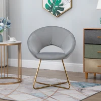 HOMCOM Modern Accent Velvet Chair Open Curved Mid-Back Upholstered Vanity Chair with Gold Plating Metal Legs for Living Room/Office/Reception Grey(m-8)