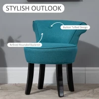 HOMCOM Upholstered Linen Vanity Stool with Curved Thick Padded Backrest, Rubberwood Legs, and Footpads, Blue(m-4)