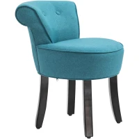 HOMCOM Upholstered Linen Vanity Stool with Curved Thick Padded Backrest, Rubberwood Legs, and Footpads, Blue(m-11)