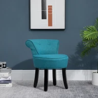 HOMCOM Upholstered Linen Vanity Stool with Curved Thick Padded Backrest, Rubberwood Legs, and Footpads, Blue(m-10)